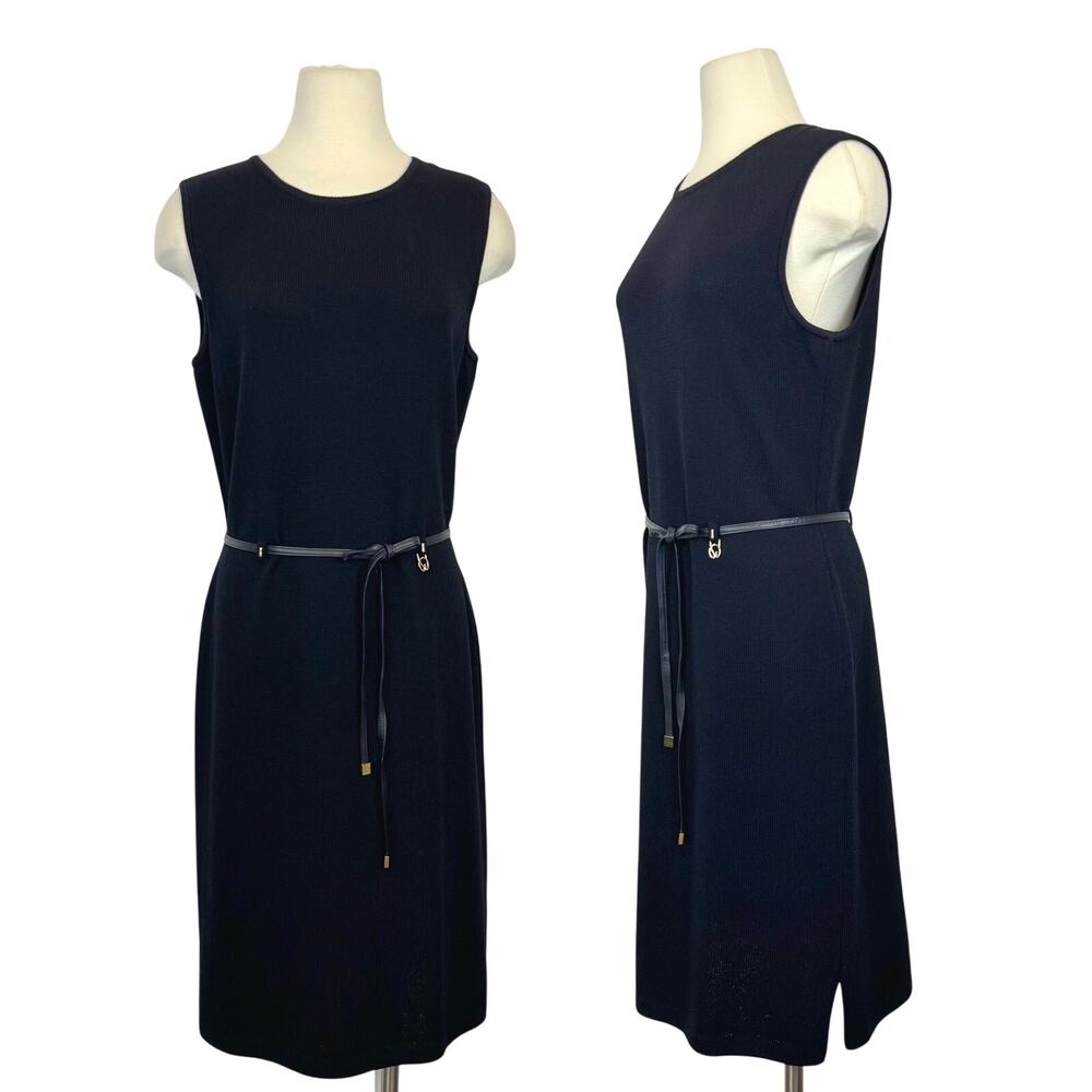 St. John Knit Midi Dress Sleeveless Belted in Black Size 12 Vtg 2001 USA Made